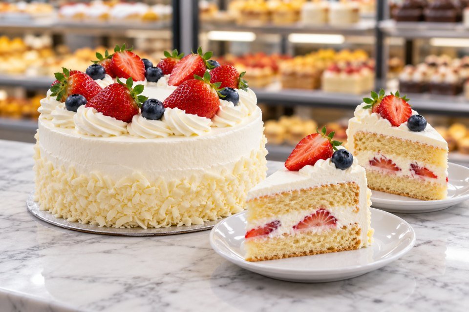 Fresh cream cake with strawberries and blueberries