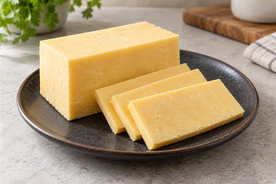 Cheddar cheese block and slices