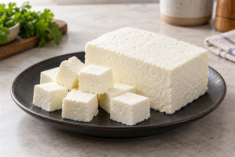 Fresh paneer block and cubes