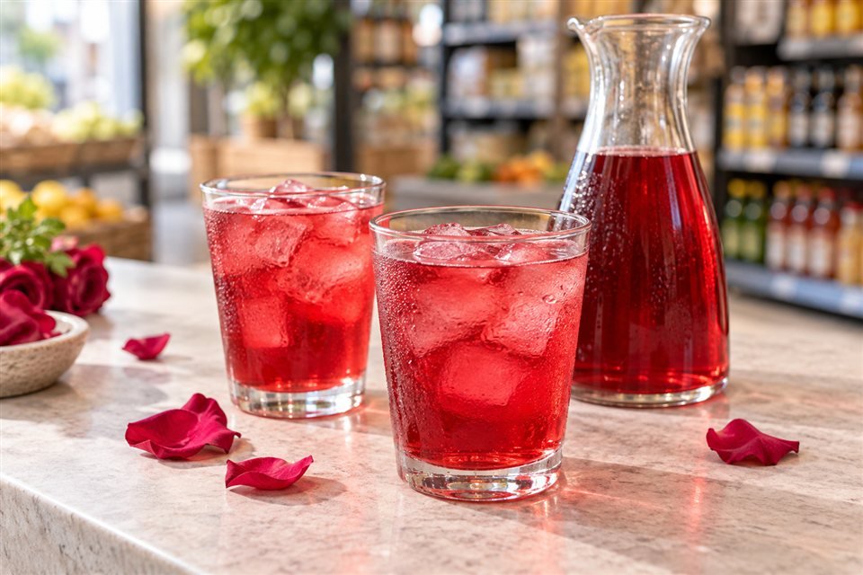 Ruby red rose sharbat served over ice