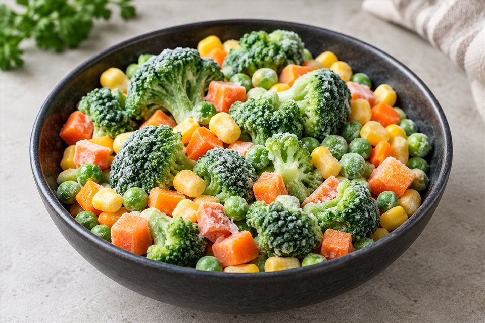 Frozen broccoli, peas, carrots and sweetcorn in a bowl