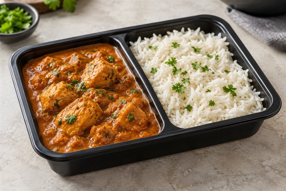 Chicken curry and rice in a divided meal tray