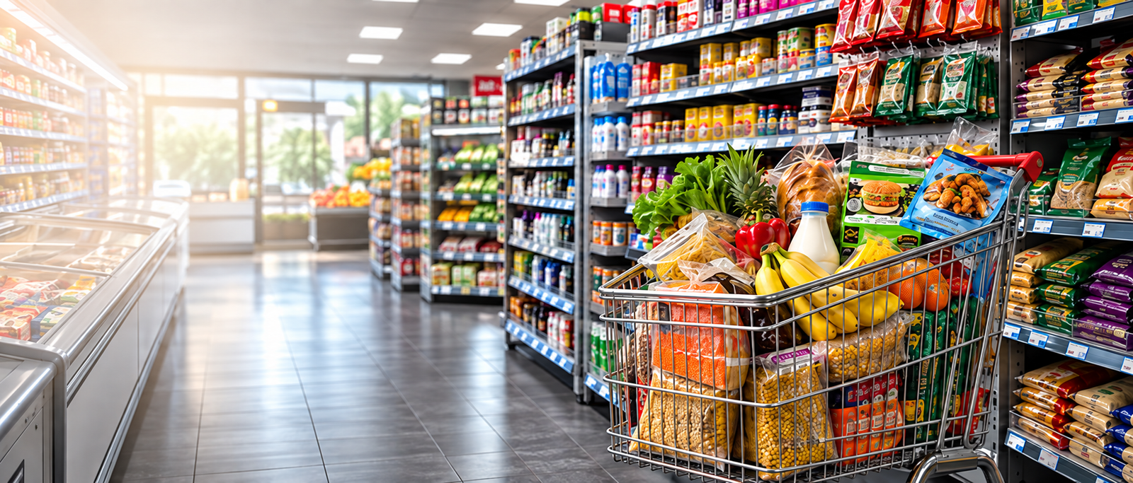 Grocery aisle with a trolley full of fresh produce and everyday essentials